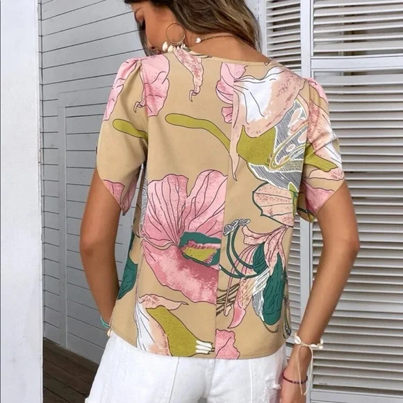 Boho Floral Print Petal Sleeve Shirt Top Blouse - Picture 2 of 8